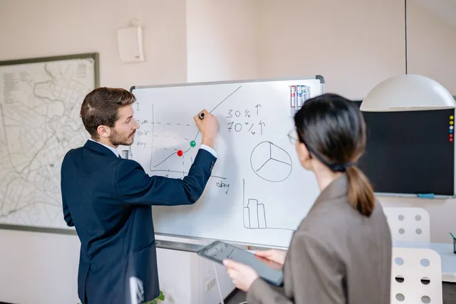 Two business professionals planning and discussing strategy at a whiteboard in a modern office setting. Marketing work and resource management software